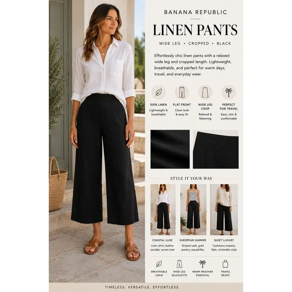 Banana Republic Linen Pants Wide Leg Cropped Black SZS Coastal Classic Luxe